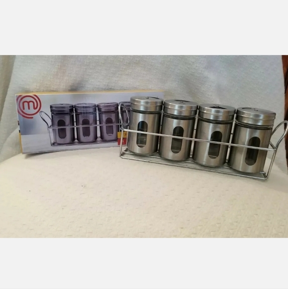 ‼️SOLD‼️ Master Chef 4-PC 3 oz Spice Jar Set With Rack Brushed Stainless Steel - Picture 3 of 9